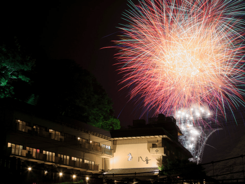はんざき祭り 湯原ダムから上がる花火