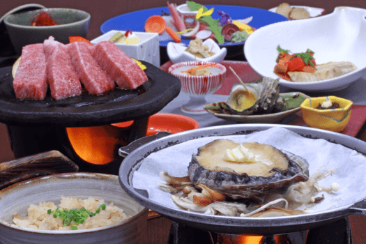 アワビ陶板蒸し＆秋田錦牛ステーキ付、季節の和食コース