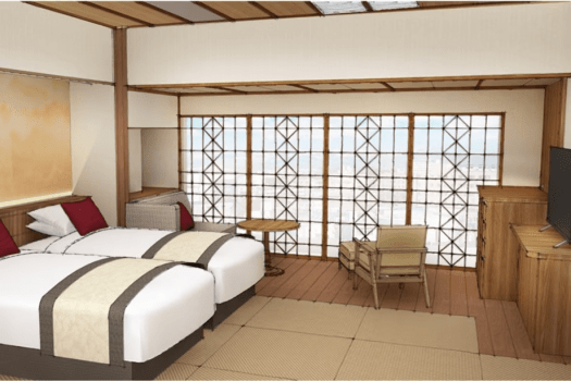 【完成予想図】広々とした和の空間にオーダーメイドソファとベッドが調和する心地よい和モダンスイート客室