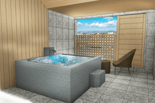 【完成予想図】客室の露天風呂は、湯の川温泉かけ流しの湯を、山々を眺めながら何度もお楽しみいただけます