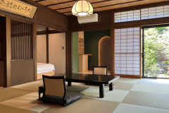 A Japanese-Western style room with a modern taste overlooking a Japanese garden.