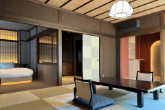 A Japanese-Western style room with a modern taste overlooking a Japanese garden.