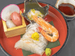 2026年1月2月《お献立Ｂの一例》造里：鯛、ボイル海老、群馬名物「二種玉蒟蒻」、烏賊柚子ジュレ和え♪
