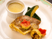 2026年9月10月《お献立Bの一例》焼物：赤魚のマロンソース焼き　焼き野菜（栗・ズッキーニ）紅葉麩と一緒に♪