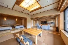 鬼怒川の絶景を眺める大きい窓と広いリビングで団欒の時間をお過ごしください。 ※調度品等は予告なく変更になる場合があります。