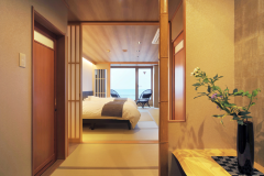 【2022年10月新装OPEN】温故知新のコンセプトのもと新装した和モダンのツインルーム。玄関からの眺め。