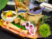 2025年9月10月《お献立一例》前菜♪蕎麦豆腐、丸十・焼栗、秋刀魚棒寿司、栗きのこ白和え、あかにし生姜味串