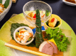2026年5月6月《お献立の一例》前菜：胡麻豆腐、海老アボガドサラダ仕立て、鱧南蛮漬け、ちまき団子、蜀黍カステラ、合鴨スモーク♪