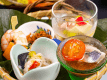 2026年7月8月《お献立の一例》前菜：蛸山葵、翡翠豆腐、鰯レモン〆トマトもずく、ちりめん琥珀煮、オクラ胡麻和え、帆立レモンマリネ、茄子ふくめ煮、三種串（海老・雲丹チーズ・胡瓜）♪