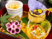 2026年9月10月《お献立の一例》前菜：蕎麦豆腐、擬製丸十、焼栗、秋刀魚小袖寿司、海老・南瓜・銀杏の茶碗蒸し♪