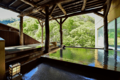 新たにリニューアルした女子露天風呂からは米代川の清廉なせせらぎが・・・