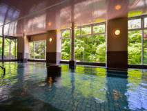 男性大浴場『仙人の湯』からは米代川のせせらぎと自然庭園の風景が一望できます♪