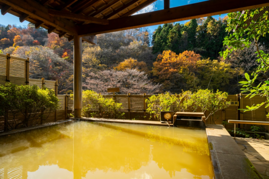 露天風呂から眺める奥伊香保の景色。一面の山々を眺められるのは当宿の自慢の一つ。