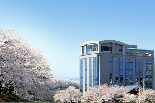 桜並木とホテル外観
