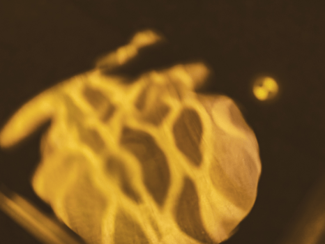 堀木エリ子氏の作品、天井のライトが温泉に映るとまるで水面にゆらめく満月のよう。