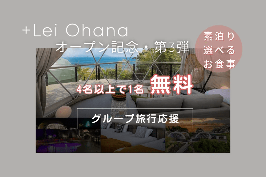 □+Lei Ohanaオープン記念・第3弾□■幹事さん必見！■【4名以上のグループ応援プラン】～4名以上deなんと&rdquo;1名無料&rdquo;～学生グループや社会人の友人旅行にもおススメ！〔自由に素泊まり・持ち込みプラン〕