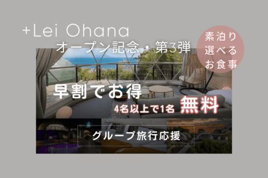 □+Lei Ohanaオープン記念・第3弾□■お得な早割■【4名以上のグループ応援プラン】幹事さん必見！～4名以上deなんと”1名無料”～学生グループや社会人の友人旅行にもおススメ！〔自由に素泊まり・持ち込みプラン〕