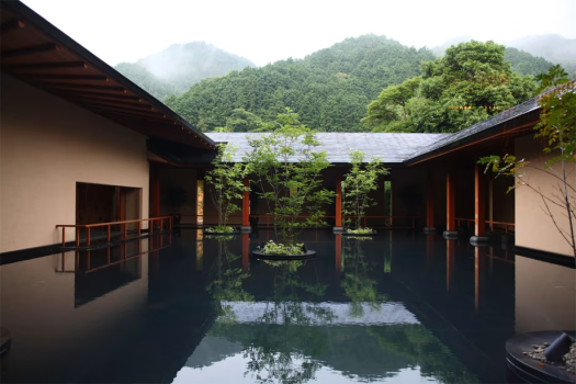 水盤：別邸音信におとずれる方をお迎えする水盤。時の流れとともに表情を変えていきます。