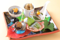 秋の味覚｜きのこ胡麻和え　ゆで落花生　姫サザエ磯煮　秋刀魚コンフィ　しめ鯖黄味酢掛け