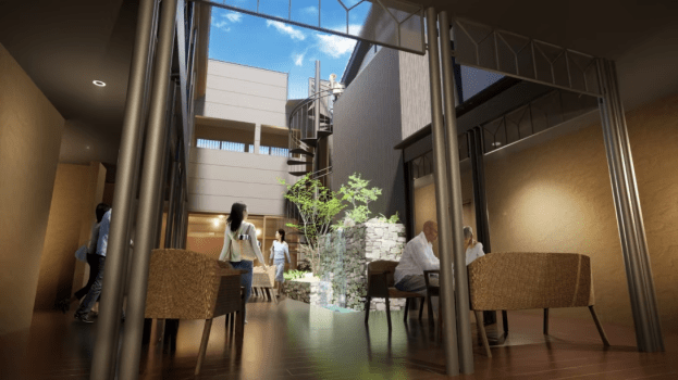 緑とせせらぎに癒される、ドリンクフリーのプライベート中庭