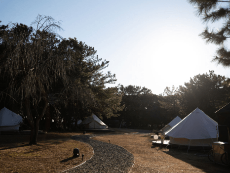 テントサイト／海まで1分！都心から1時間！手ぶらで体験できる本格グランピング施設です。