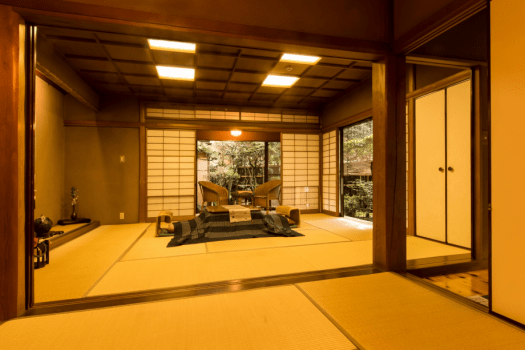[TSUKUSHI] Separate room with a half open-air bath and free-flowing hot-spring water / Japanese-style room 10 + 6 tatami mats / Villa Size: 40 m&sup2;