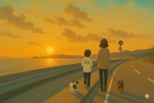夕暮れの海辺を家族と歩く、贅沢なひととき