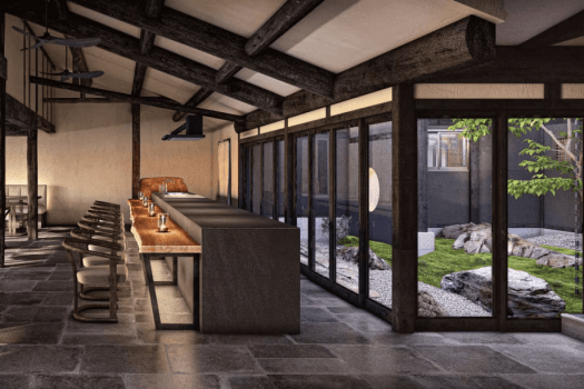 モダンな空間に坪庭のやわからい光が差し込むカウンター席