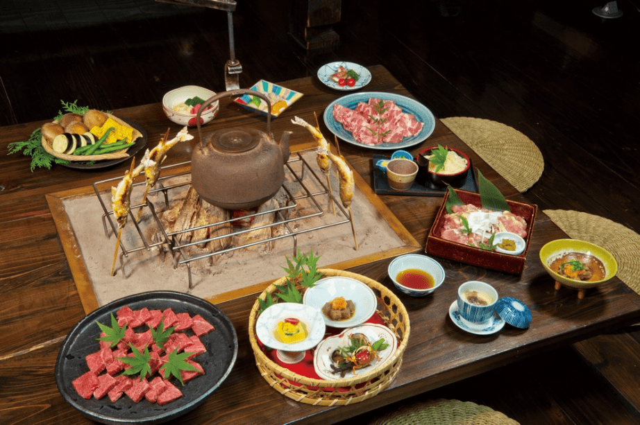 3種のお肉の食べ比べ「肉がっつり満喫」囲炉裏端炭火焼会席（飛騨牛、けんとん、地鶏付）