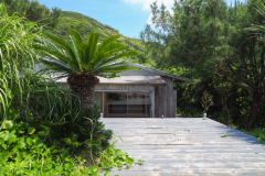 「アダンと海みる宿」外観　アダンやソテツ、グアバなど奄美らしい木々が囲みます