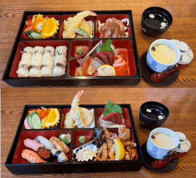 【夕食】当ホテルだけのひょうたんデリバリー特別御膳です。
上：花御膳　下：寿司御膳