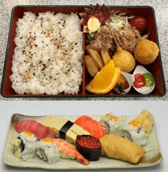 【お子様夕食】当ホテルだけのひょうたんデリバリー特別お子様メニューです。
上：お子様御膳　下：お子様寿司