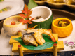 2026年9月10月《お献立一例》前菜：菊花蓮草子持昆布浸し、舞茸煮、椎茸人参白和え、秋刀魚みぞれ煮、烏賊真丈、小海老♪