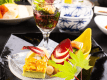 2026年7月8月《お献立一例》前菜：烏賊 金山寺和え、夏野菜のスープ浸し、御用卵抹茶豆腐、白うり棒寿司、黒芋 蛸 南瓜串♪