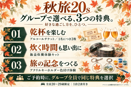 アルコールチケット1名2枚・飯盒炊爨体験キット・アクリルキーホルダー色付け体験から、グループ全員で同じ特典を選択。 アルコールチケット1名2枚・飯盒炊爨体験キット・アクリルキーホルダー色付け体験から、グループ全員で同じ特典を選択。