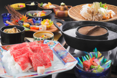 【夕食グレードアップ】～希少な霜降りの「蔵王牛」を堪能する「すきしゃぶ鍋」コース～高見屋名物料理