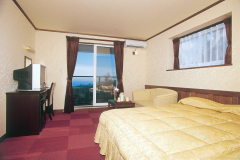 客室一例（デラックスダブル）。客室から海や大島を一望！広々とした設備充実の客室です。※海は天候等によって見えない場合があります。