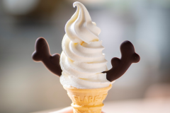 【鹿のソフトクリーム】鹿の角に見立てたチョコを飾り付けた、伊達市bocca直送の名物ソフト