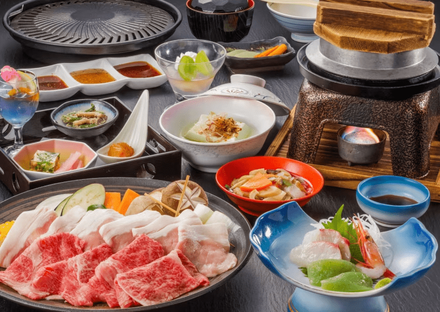 「黒毛和牛&麓山高原豚の焼きしゃぶ」+会津BUKE和膳 「黒毛和牛&麓山高原豚の焼きしゃぶ」+会津BUKE和膳
