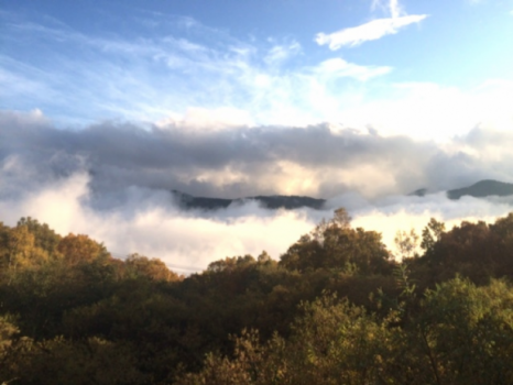 山の間に湧き上がる雲