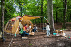 大型犬も自由に走り回れるスペースを用意したキャンプサイト。便利なAC電源付き