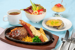 熊野牛ハンバーグに海老フライ、アワビのグラタンや鹿肉のジビエソーセージなどを盛りつけた大人のためのお子様ランチ。