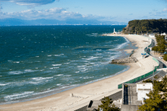 当館すぐそばの小野浦海岸は地元の愛犬家も訪れる定番のおさんぽコース。1kmほど先には大正時代の白亜の灯台（野間埼灯台）もそびえ、早朝の散策にも最適です♪