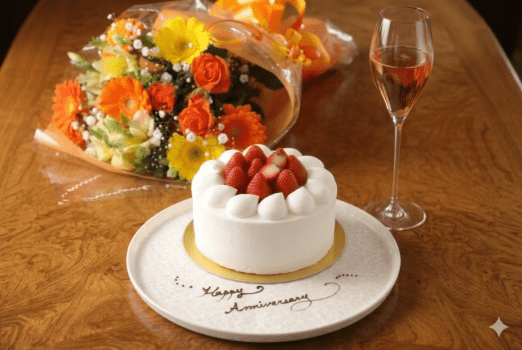 記念日を彩るお手伝い。ケーキまたは花束のいずれかをプレゼントいたします。ご予約時にご希望をご連絡ください。※ケーキはイメージになります。 記念日を彩るお手伝い。ケーキまたは花束のいずれかをプレゼントいたします。ご予約時にご希望をご連絡ください。※ケーキはイメージになります。