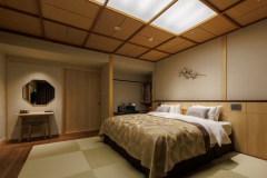 【静龍｜キングベッドルーム】静謐な和空間。シモンズ製キングサイズベッドでゆったりお休みください。