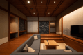 木のぬくもりと和の趣が調和する、ロイヤルスイート「原」。開放感あるリビングで、心ほどける贅沢な時間を。