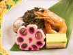 2026年3月4月《お献立一例》焼物：鰆のふき味噌焼き　有頭海老・三色チーズ博多・花蓮根添え♪