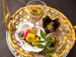 2026年5月6月《お献立の一例》前菜：順才加減酢、青パパイヤ夏野菜彩り和え、鮎土佐煮、蜀黍カステラ、穴子煮こごり♪