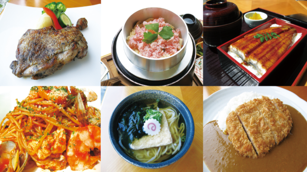 『泉の幸』自慢の料理。人気の釜めしや鰻重など、ぜひこの機会にお召し上がりください。写真説明左上：ローストチキン（ホテルならではのこだわりローストチキンをご堪能ください）真中上：釜めし（種類も豊富な釜めしは自慢に一品） 右上：鰻重（鮮度の良い鰻を重にして、香の物や汁物つき）左下：ペスカトーレ （和食だけではなく洋食も自慢の一品）真中下：きつねうどん（出汁の効いたうどんは定番の人気メニュー