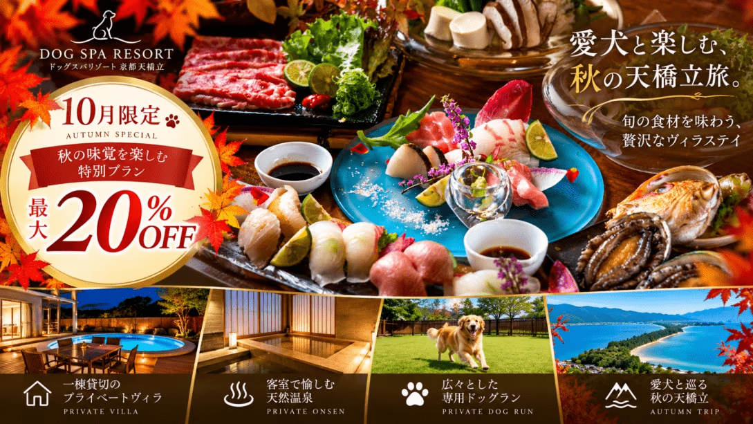 【10月限定・最大20%OFF】愛犬と楽しむ秋の天橋立|天然温泉&プライベートプール付きドッグリゾートステイ 【10月限定・最大20%OFF】愛犬と楽しむ秋の天橋立|天然温泉&プライベートプール付きドッグリゾートステイ